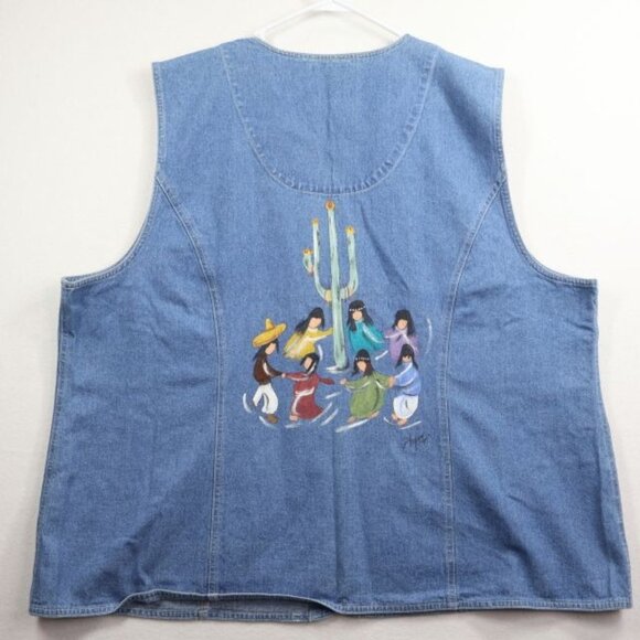 Vintage Hand-Painted Denim Vest Womens 3X Blue Southwest Folk Art Dancing - Picture 4 of 9